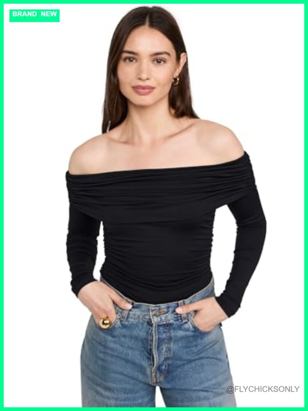 Off Shoulder Ruched Lightweight Jersey Long Sleeve Top